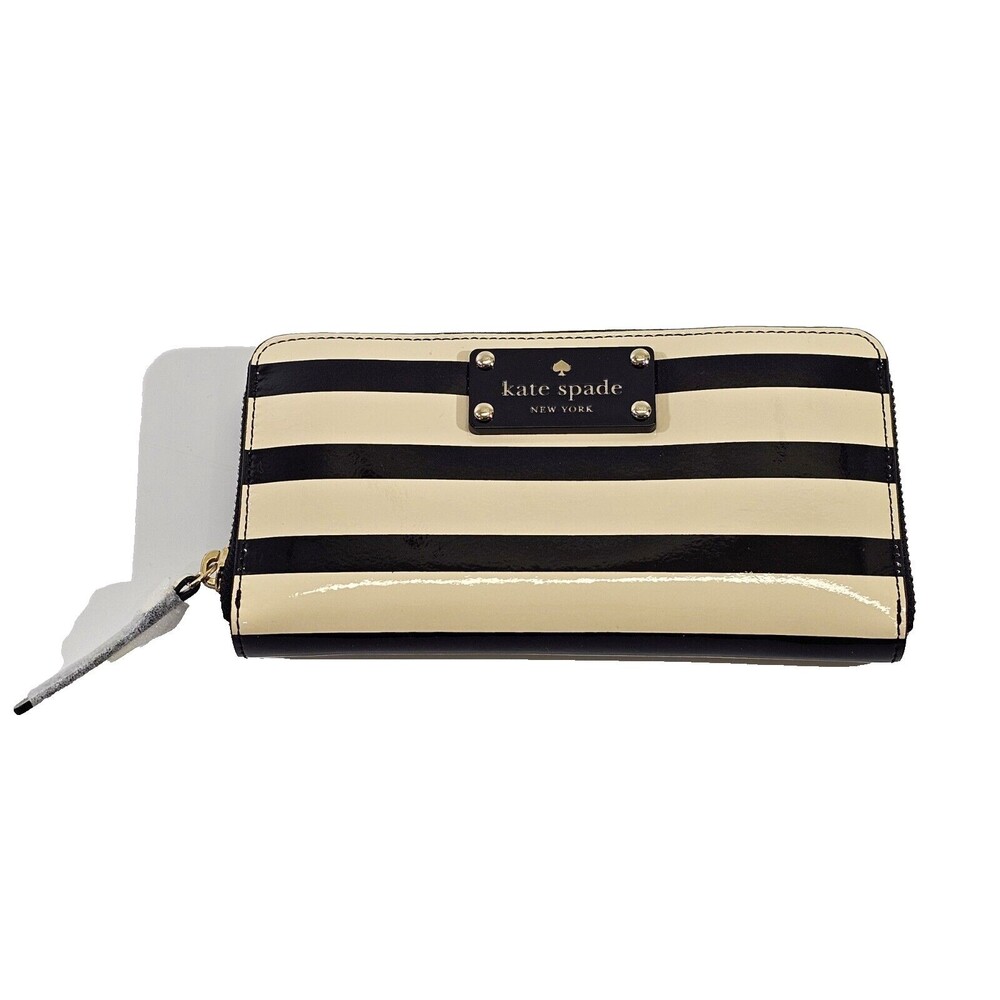 Kate Spade New York Striped Patent Leather Zip‎ Around Wallet Black Cream Clutch